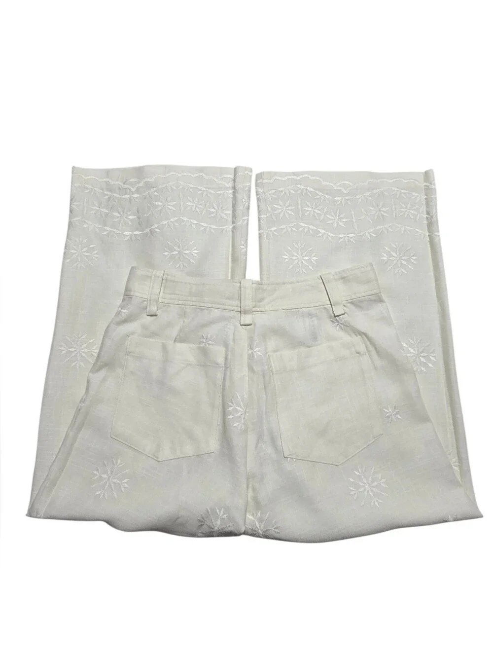 ZARA Embroidered Linen Blend Crop Pants Cream Medium